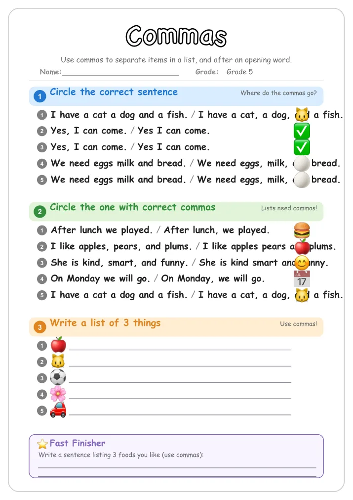 Commas grammar worksheet for Grade 5