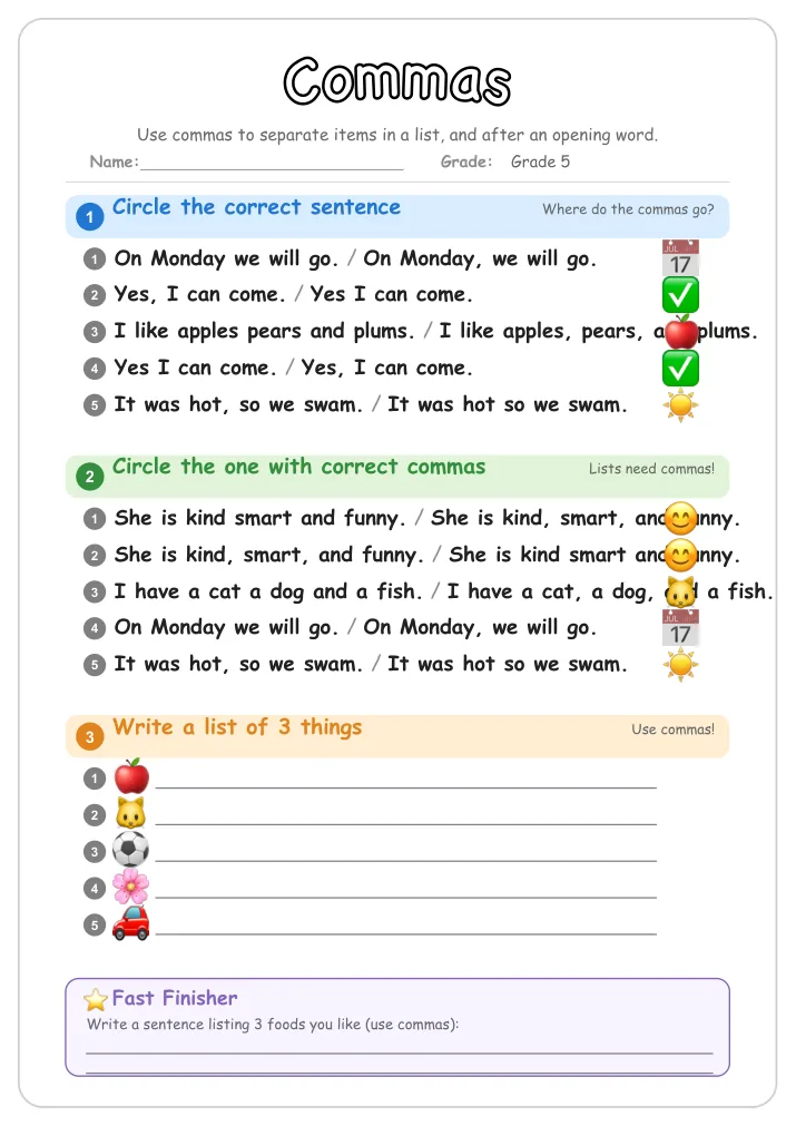 Commas grammar worksheet for Grade 5