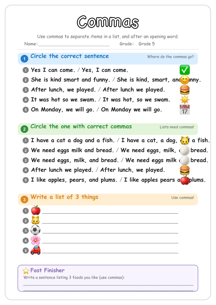 Commas grammar worksheet for Grade 5