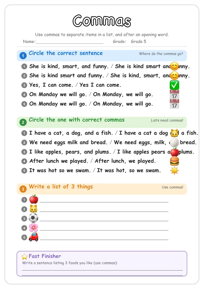 Commas grammar worksheet for Grade 5
