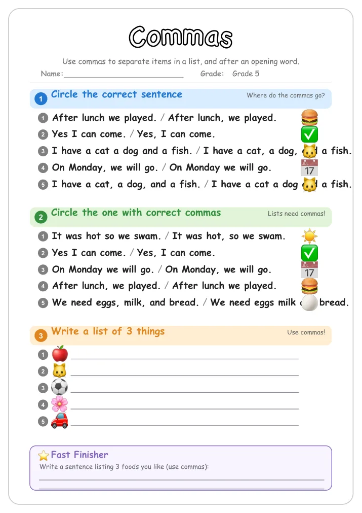Commas grammar worksheet for Grade 5