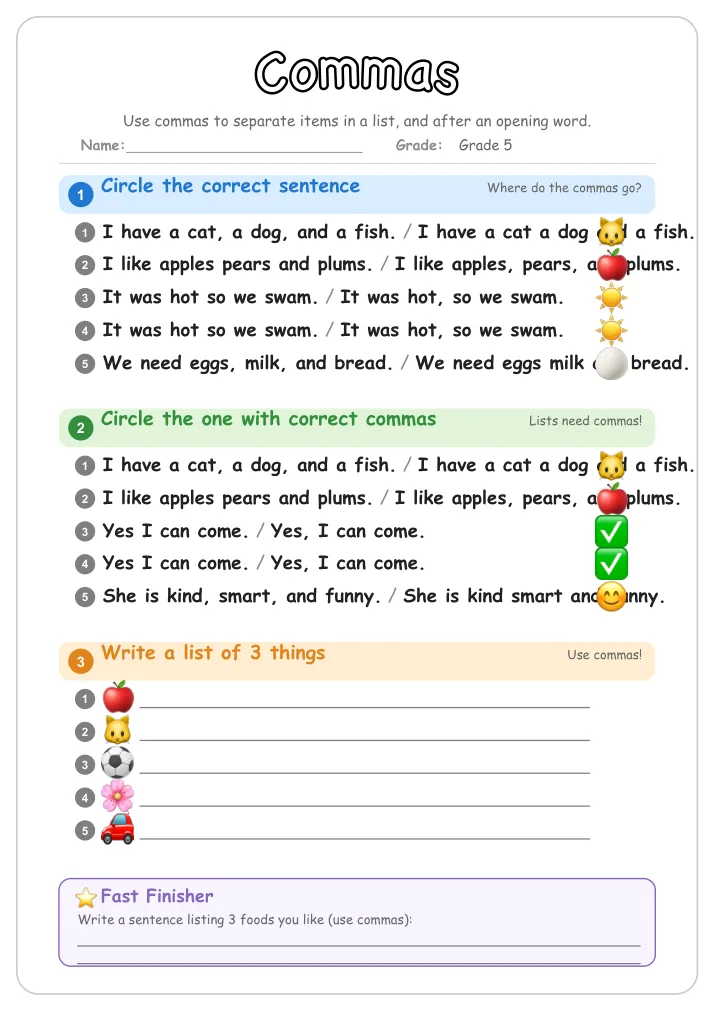 Commas grammar worksheet for Grade 5