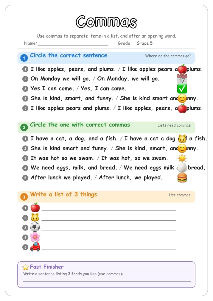 Commas grammar worksheet for Grade 5