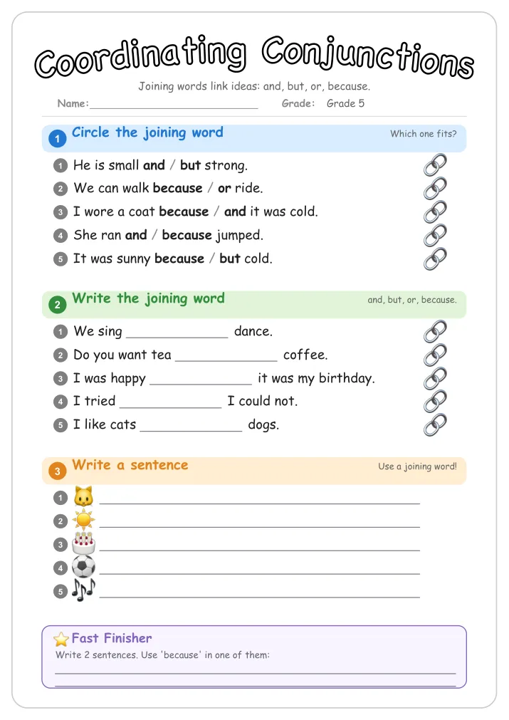 Coordinating Conjunctions grammar worksheet for Grade 5