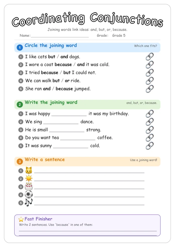 Coordinating Conjunctions grammar worksheet for Grade 5