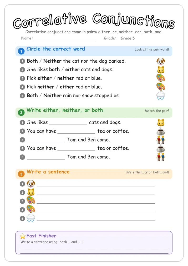Correlative Conjunctions grammar worksheet for Grade 5
