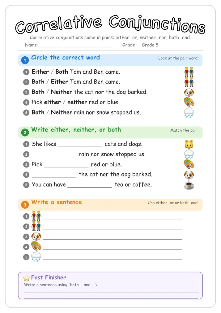 Correlative Conjunctions grammar worksheet for Grade 5