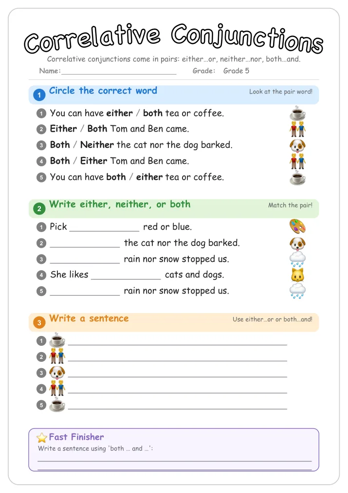 Correlative Conjunctions grammar worksheet for Grade 5