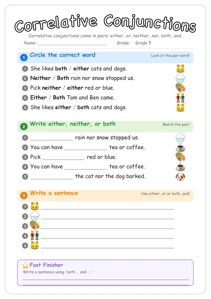 Correlative Conjunctions grammar worksheet for Grade 5