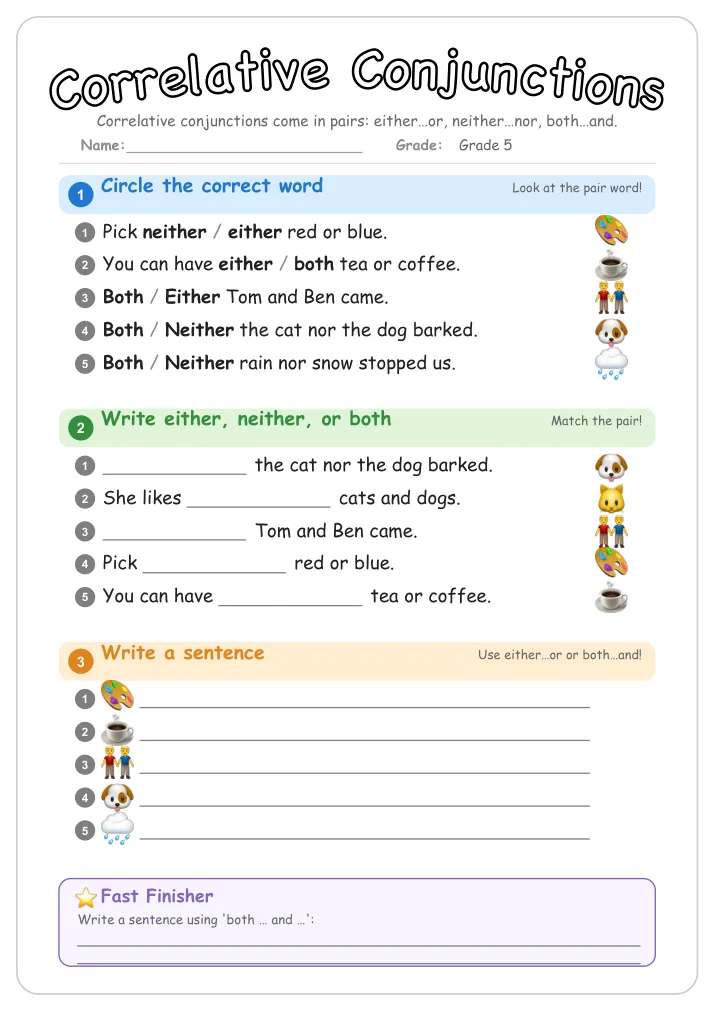 Correlative Conjunctions grammar worksheet for Grade 5