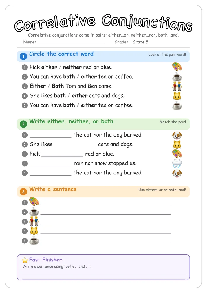 Correlative Conjunctions grammar worksheet for Grade 5