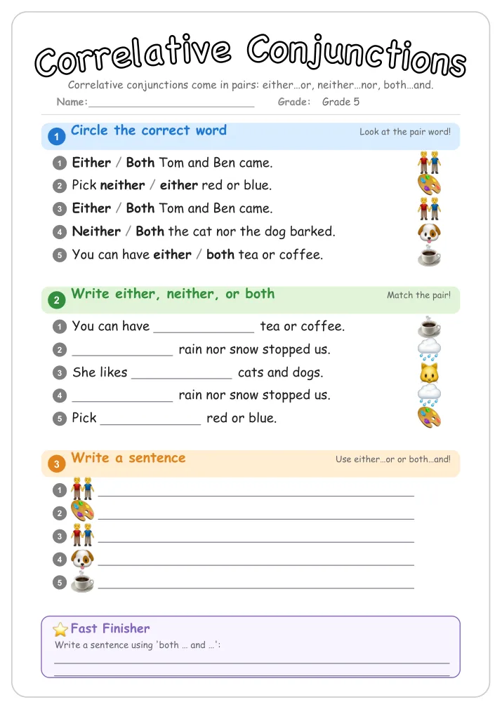 Correlative Conjunctions grammar worksheet for Grade 5