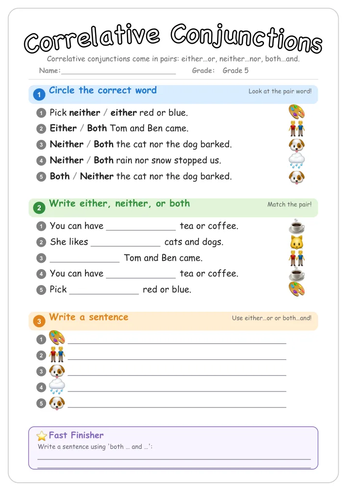 Correlative Conjunctions grammar worksheet for Grade 5