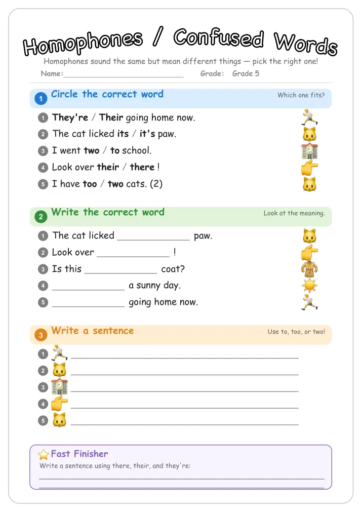 Homophones / Confused Words grammar worksheet for Grade 5