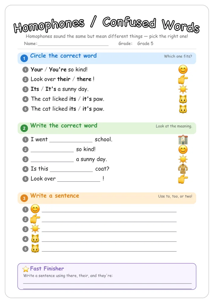 Homophones / Confused Words grammar worksheet for Grade 5
