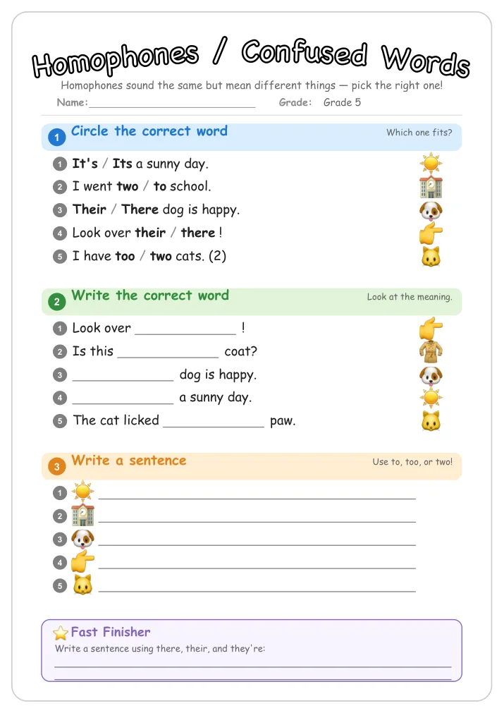 Homophones / Confused Words grammar worksheet for Grade 5