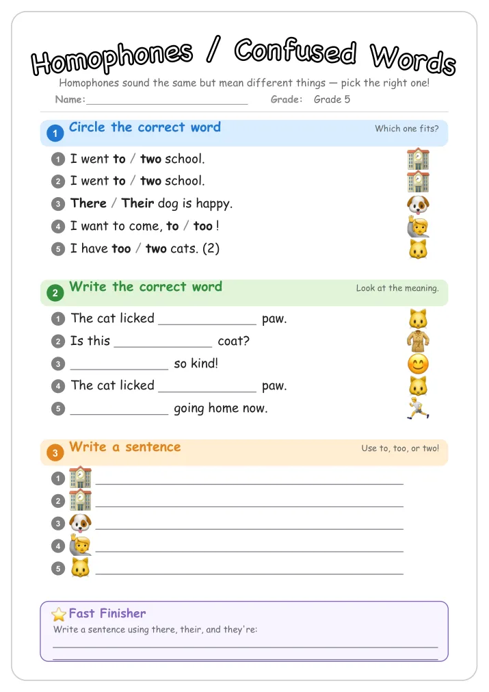 Homophones / Confused Words grammar worksheet for Grade 5