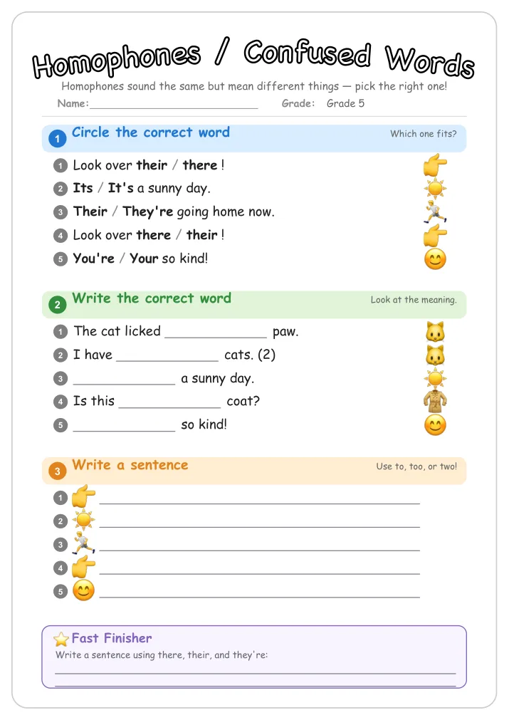 Homophones / Confused Words grammar worksheet for Grade 5