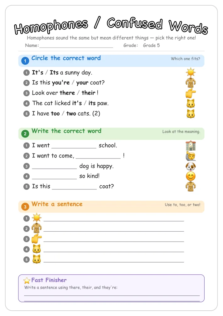 Homophones / Confused Words grammar worksheet for Grade 5