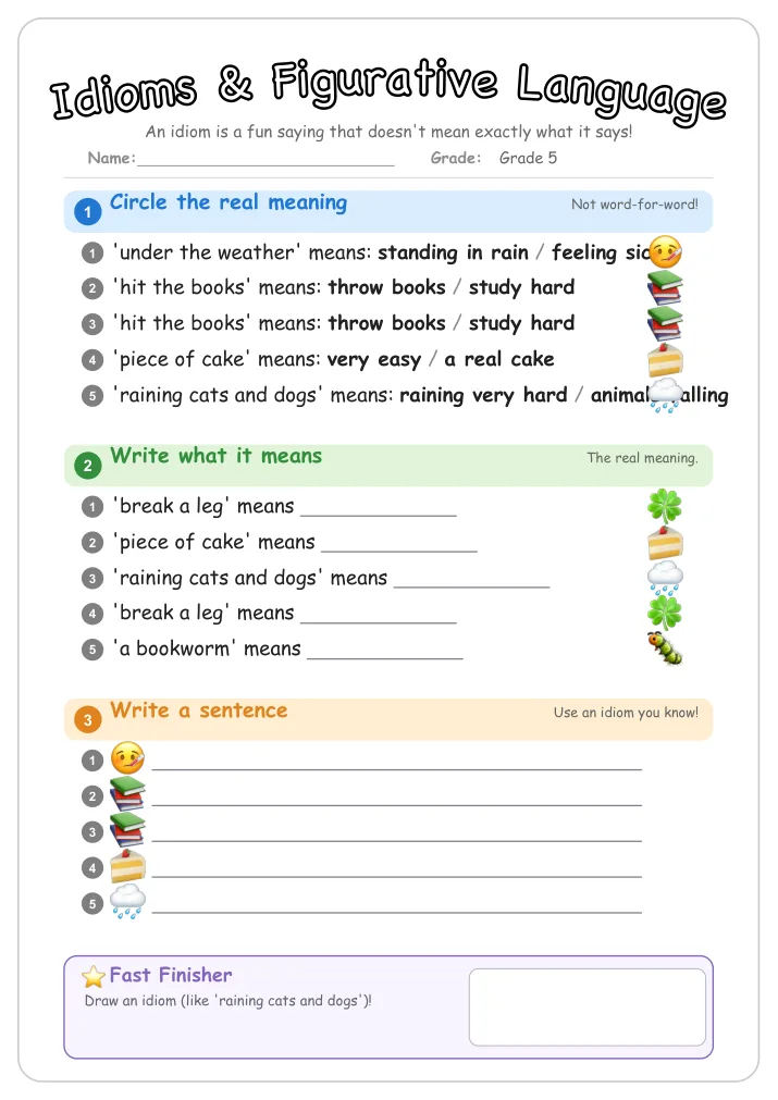 Idioms & Figurative Language grammar worksheet for Grade 5