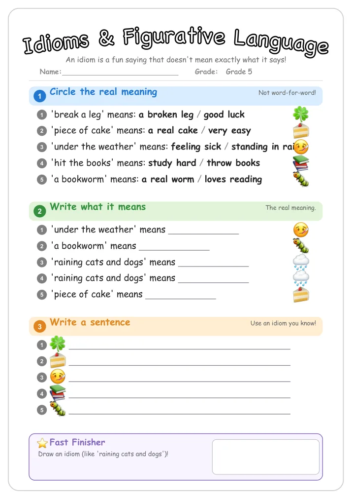 Idioms & Figurative Language grammar worksheet for Grade 5