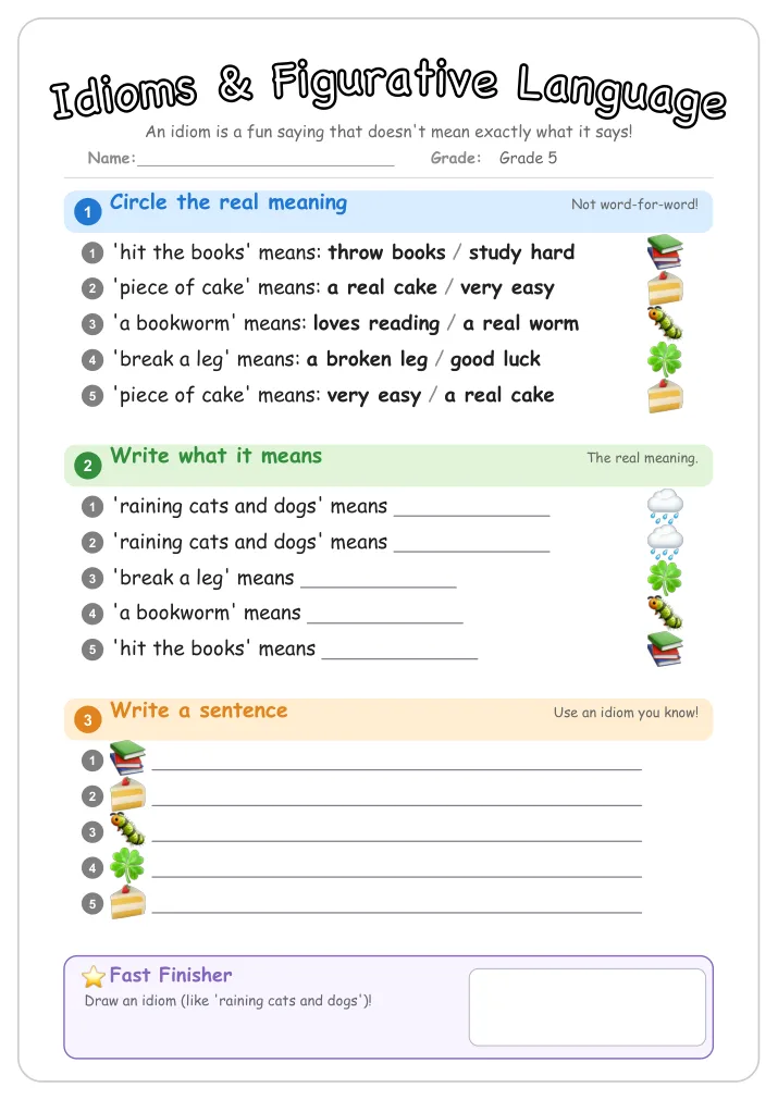 Idioms & Figurative Language grammar worksheet for Grade 5