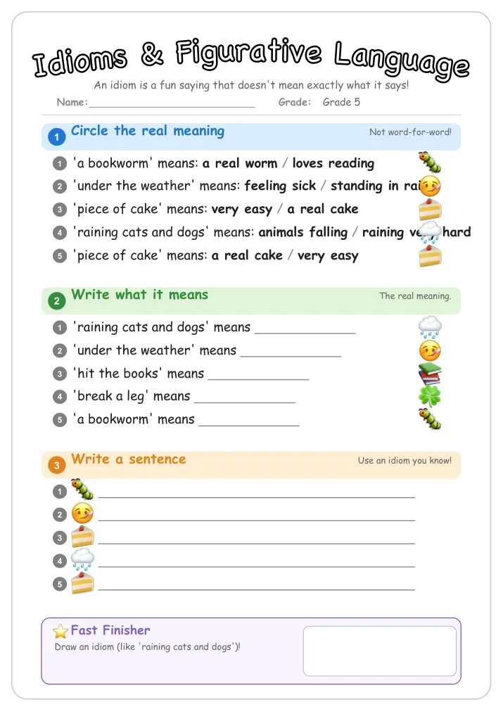 Idioms & Figurative Language grammar worksheet for Grade 5