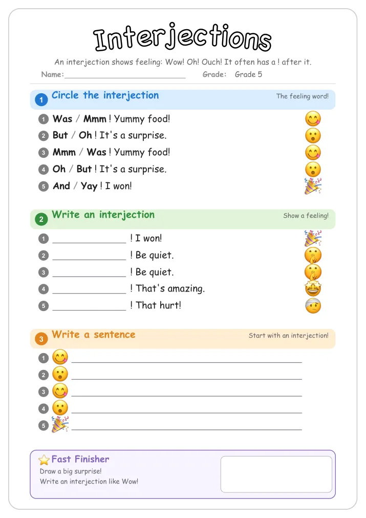 Interjections grammar worksheet for Grade 5