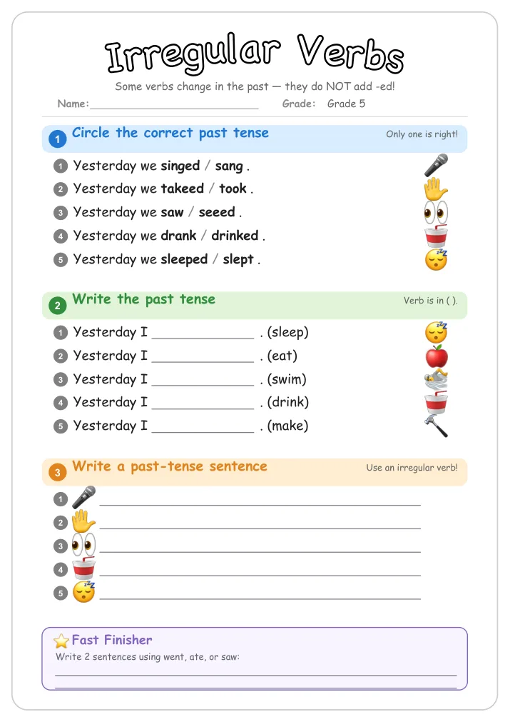 Irregular Verbs grammar worksheet for Grade 5