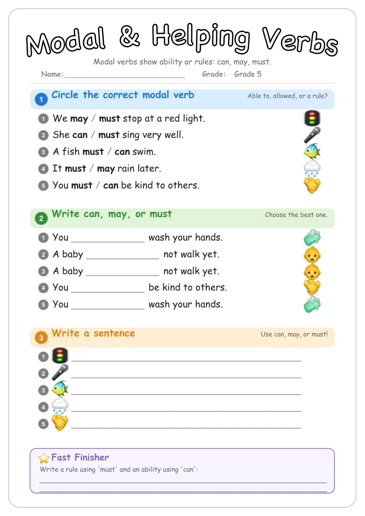 Modal & Helping Verbs grammar worksheet for Grade 5