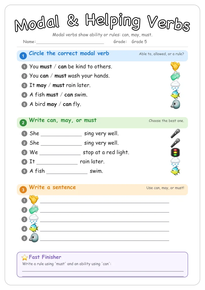 Modal & Helping Verbs grammar worksheet for Grade 5