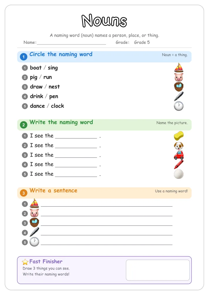Nouns grammar worksheet for Grade 5
