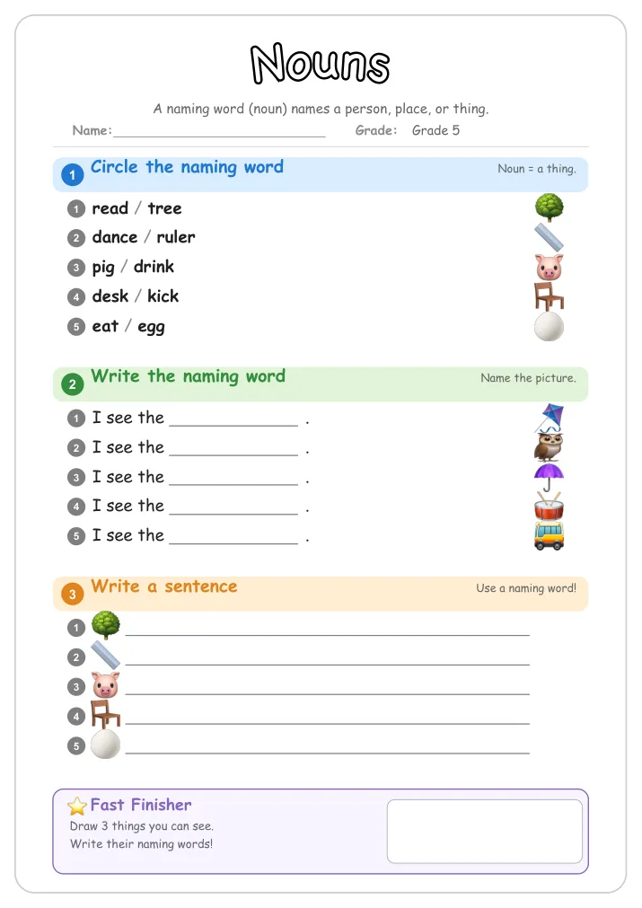 Nouns grammar worksheet for Grade 5