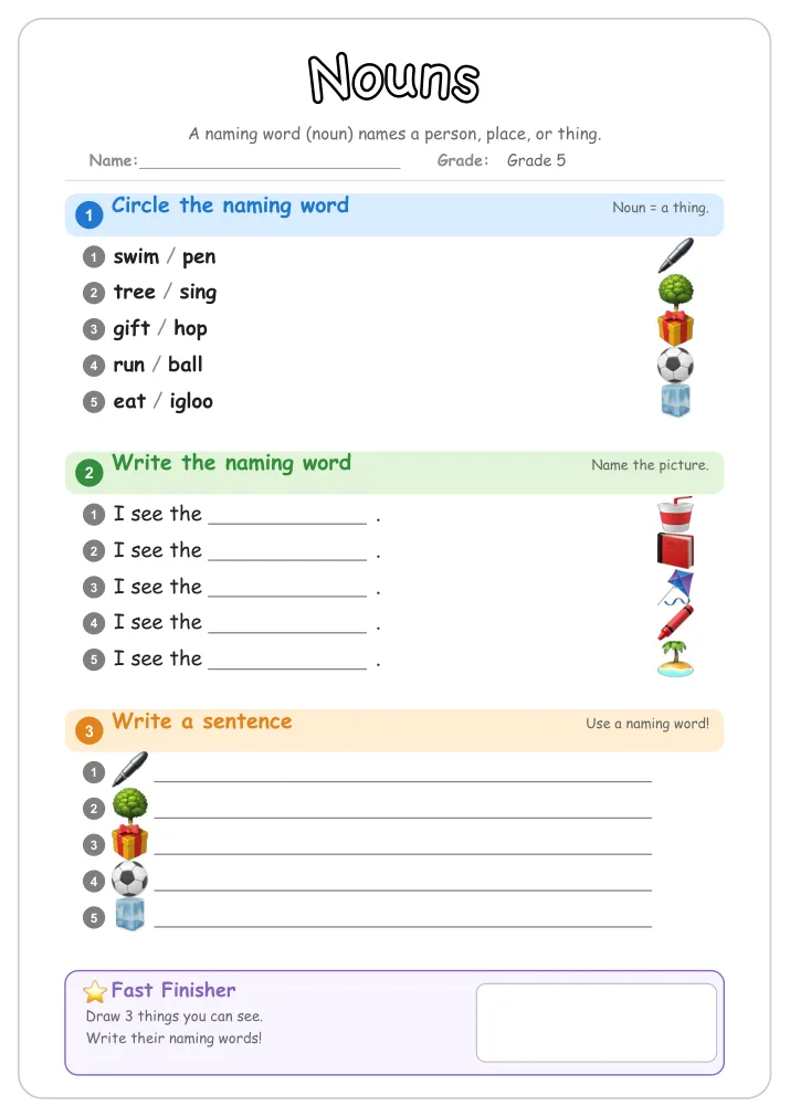 Nouns grammar worksheet for Grade 5