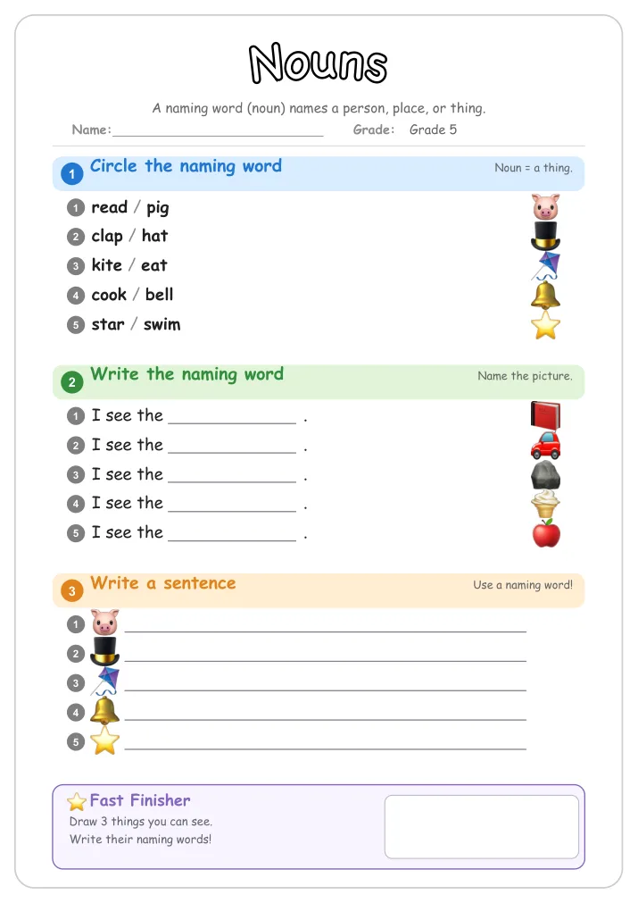 Nouns grammar worksheet for Grade 5
