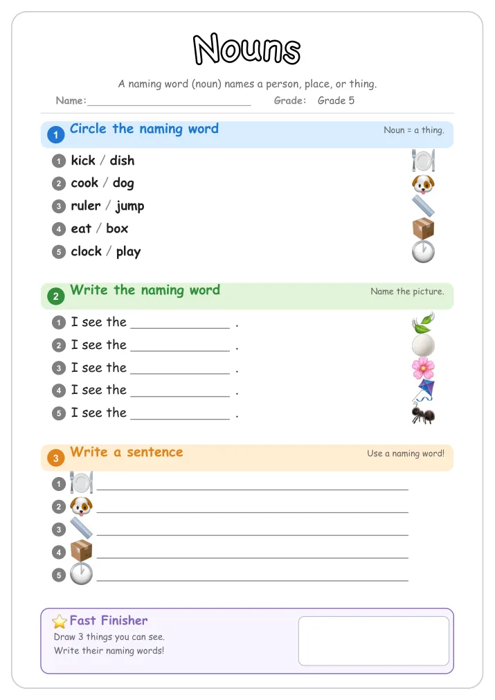 Nouns grammar worksheet for Grade 5