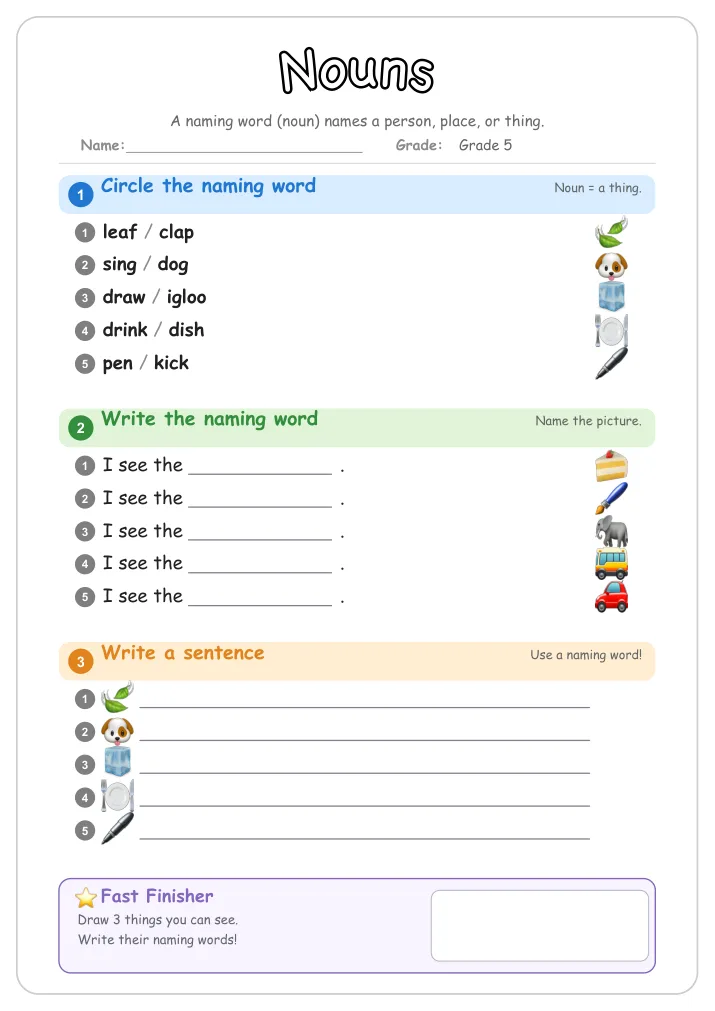 Nouns grammar worksheet for Grade 5