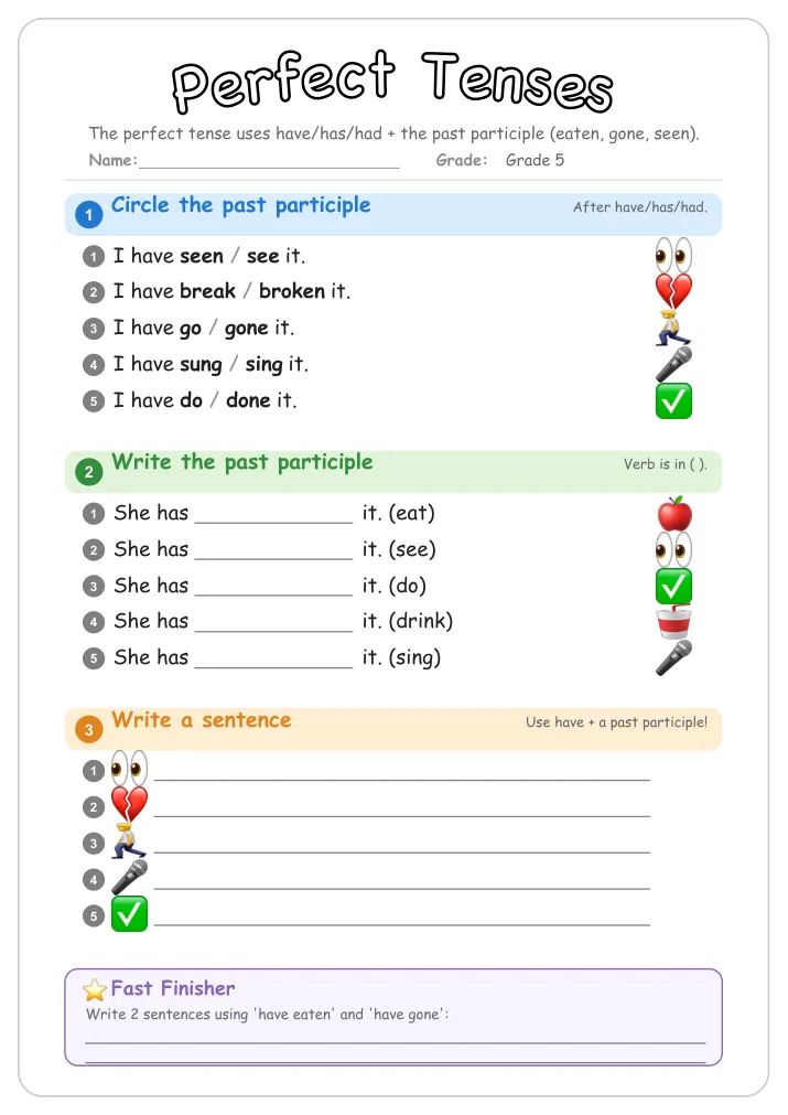 Perfect Tenses grammar worksheet for Grade 5