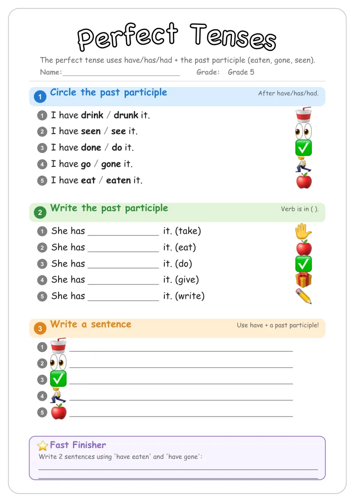 Perfect Tenses grammar worksheet for Grade 5
