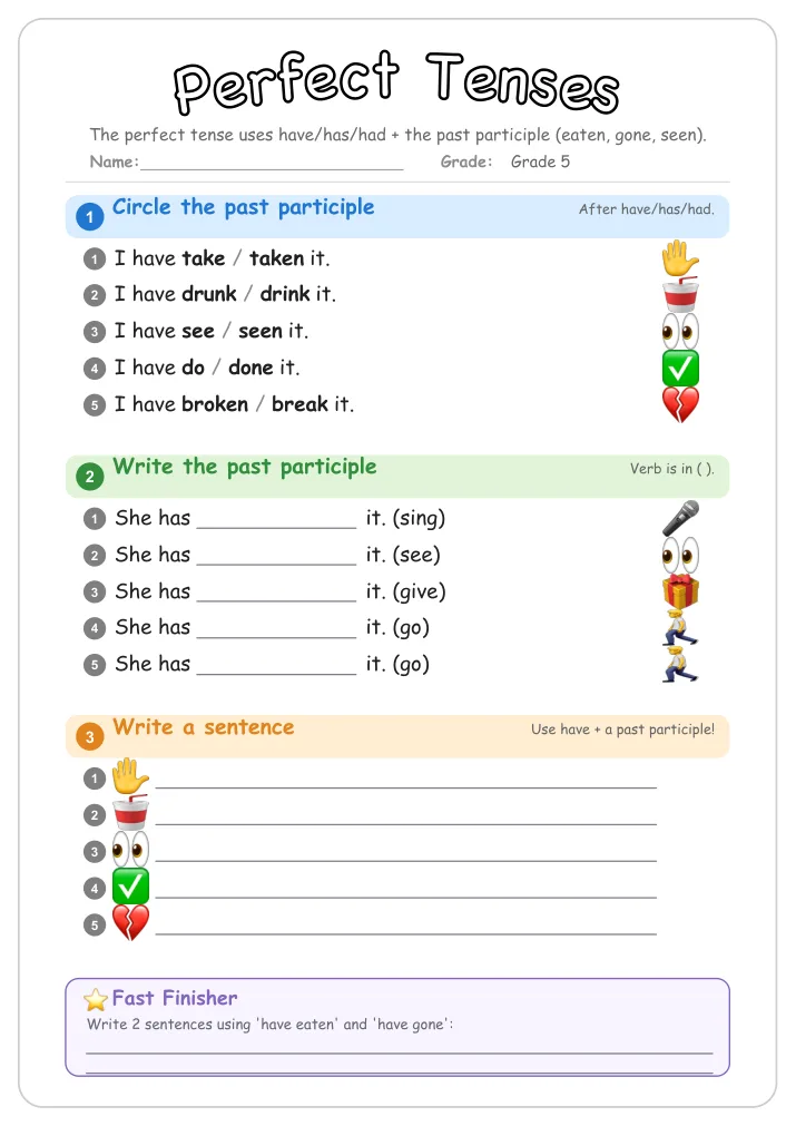 Perfect Tenses grammar worksheet for Grade 5