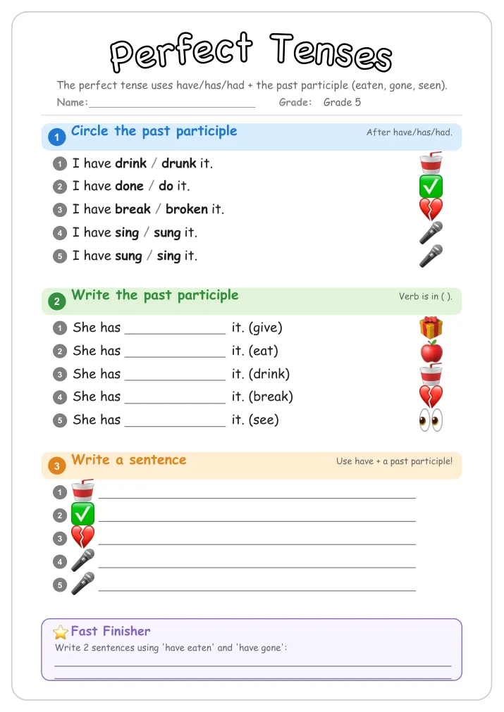 Perfect Tenses grammar worksheet for Grade 5