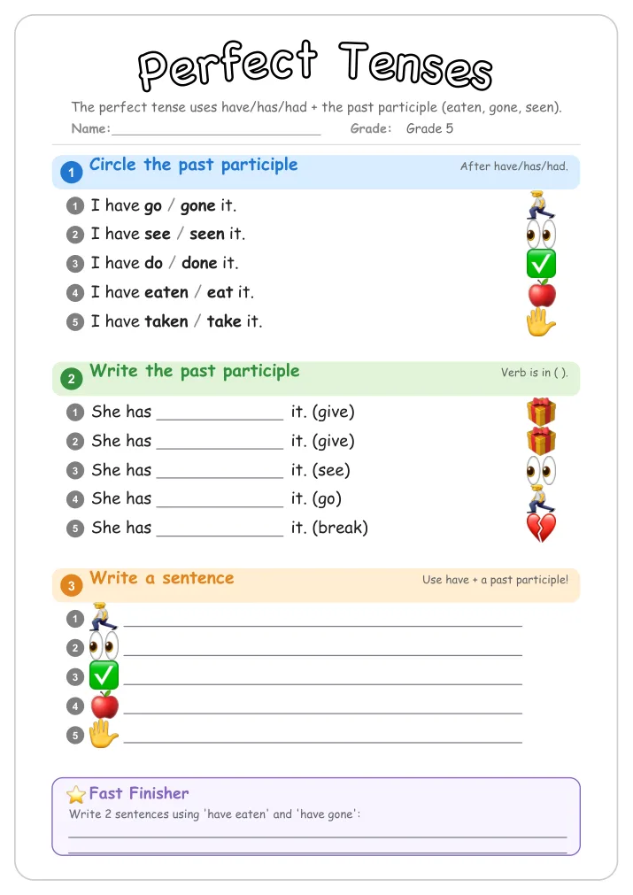 Perfect Tenses grammar worksheet for Grade 5