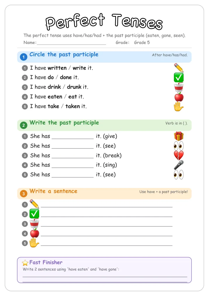 Perfect Tenses grammar worksheet for Grade 5