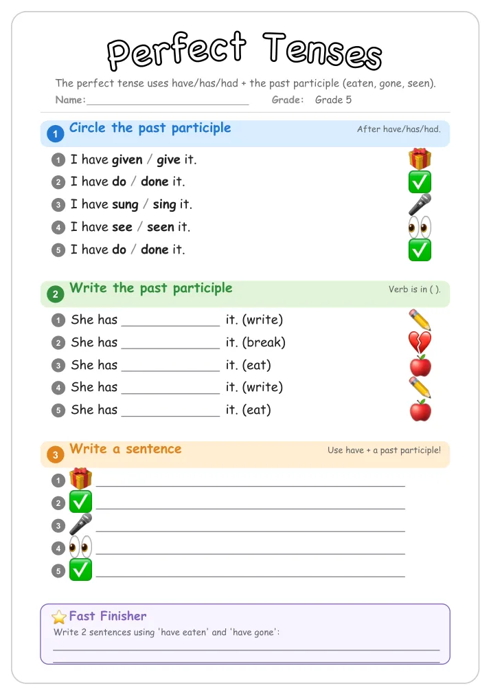 Perfect Tenses grammar worksheet for Grade 5