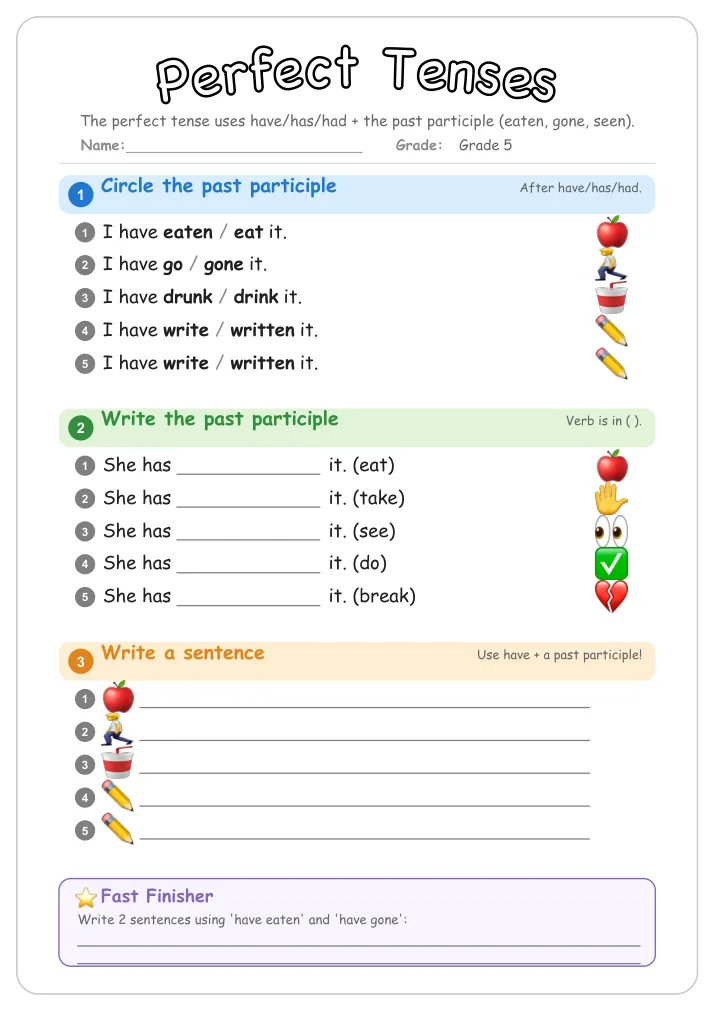 Perfect Tenses grammar worksheet for Grade 5
