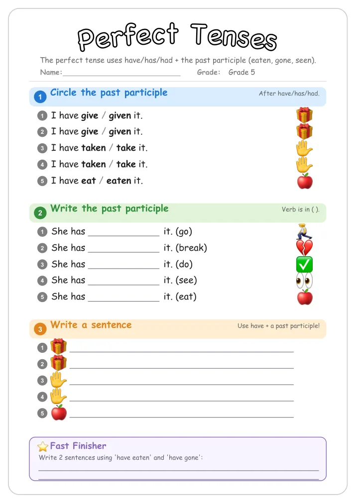 Perfect Tenses grammar worksheet for Grade 5