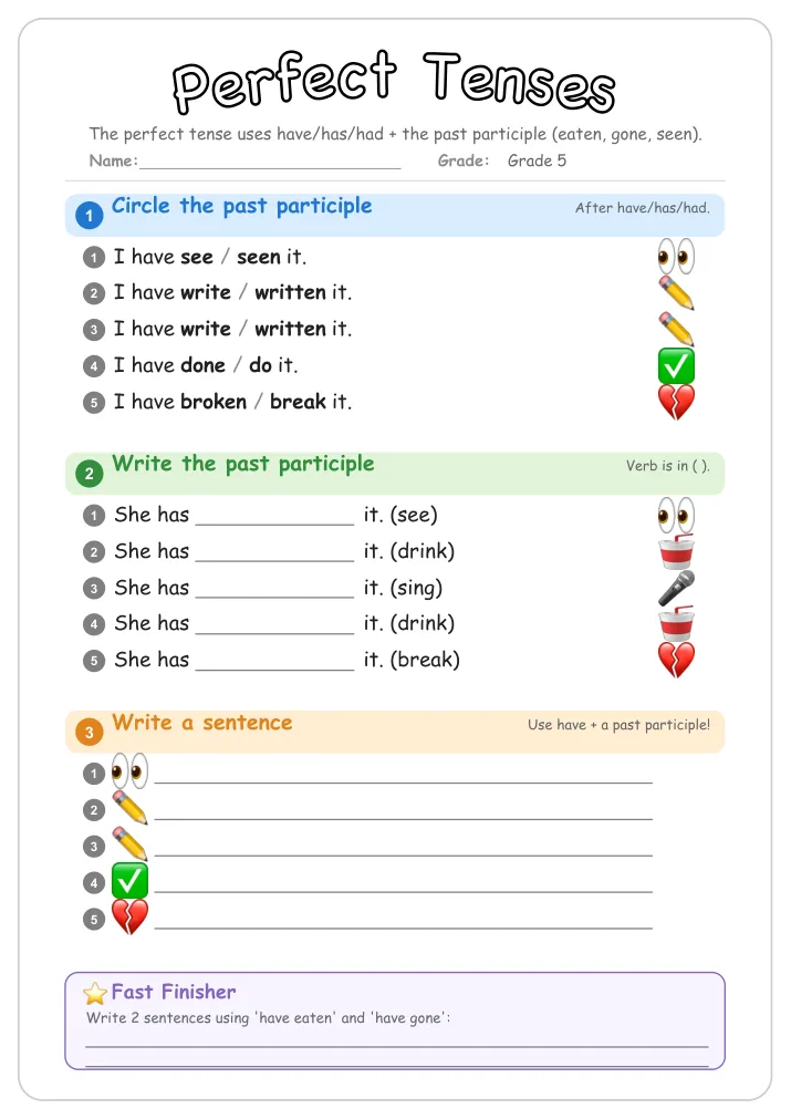 Perfect Tenses grammar worksheet for Grade 5
