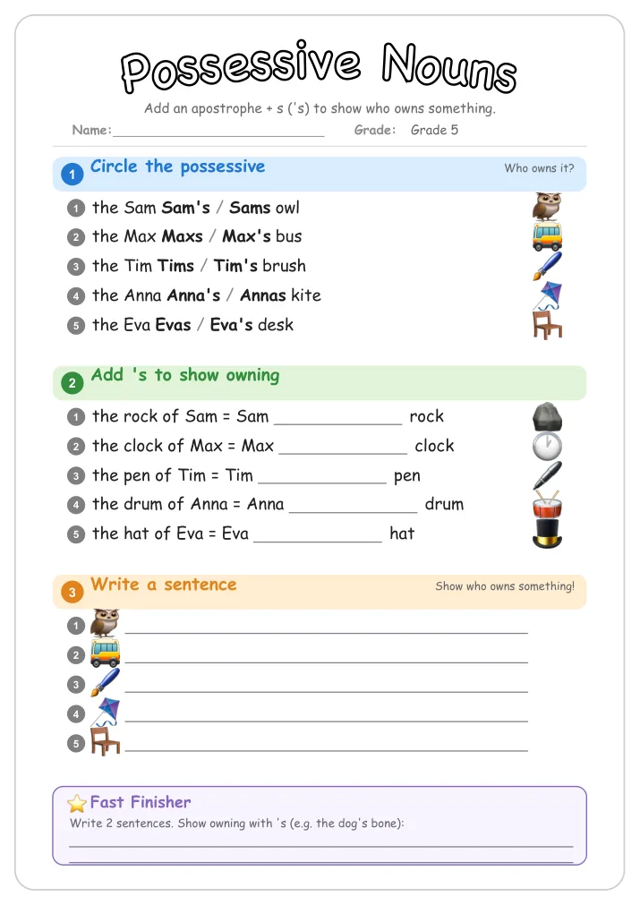 Possessive Nouns grammar worksheet for Grade 5
