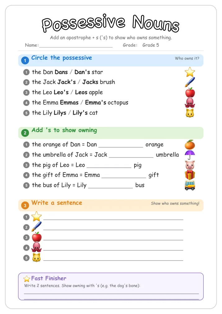 Possessive Nouns grammar worksheet for Grade 5