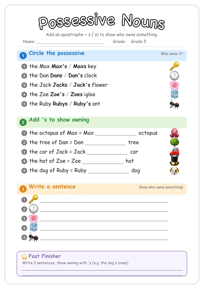Possessive Nouns grammar worksheet for Grade 5